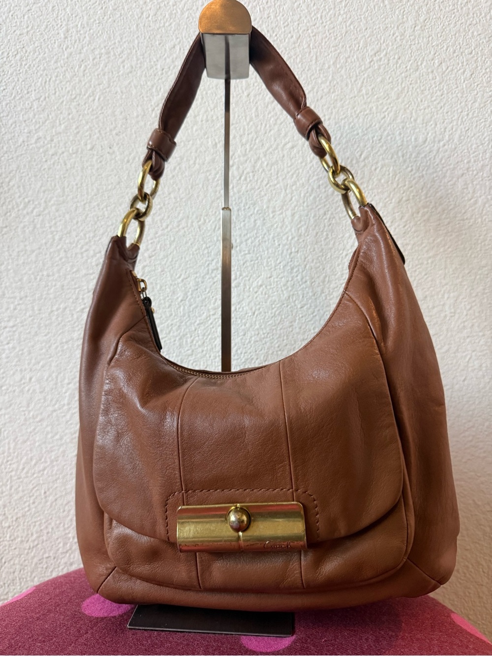 Coach Cognac Brown Leather Hobo Bag 2 way Pink Satin Lining Brass Hardware